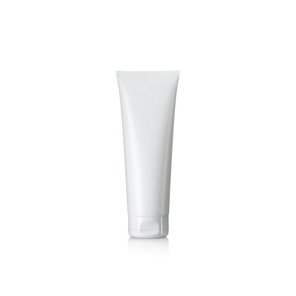 White plastic squeeze tube for cosmetics, personal care and pharmaceutical products.