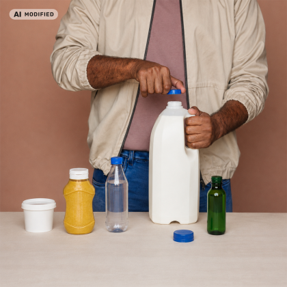 Man opening a large white plastic bottle with various plastic containers on table.