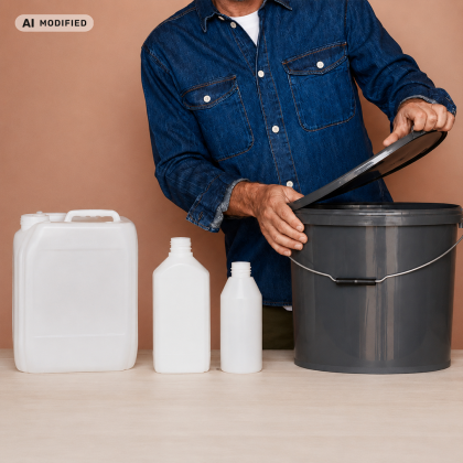 Man in denim shirt handling large gray plastic container.