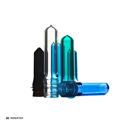 Transparent and colored plastic bottle preforms standing and lying down.