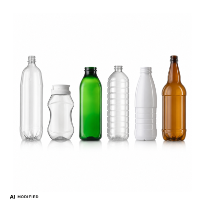 Diverse plastic bottles and containers, various shapes and colors.