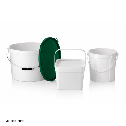 Three white plastic containers, one with a green lid, varying shapes and sizes.