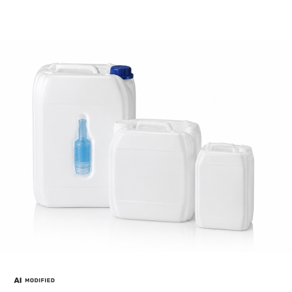 Three white plastic containers with a blue cap, varying sizes.