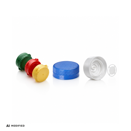 Caps in green, yellow, blue, and white, arranged in a row on a white background.