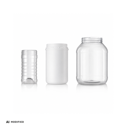 Three plastic containers of varying sizes: a small ribbed jar, a medium white jar, and a large transparent jar.