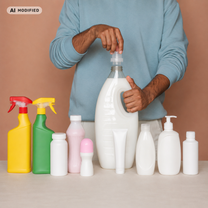 Man in blue sweater with various plastic bottles on a table.