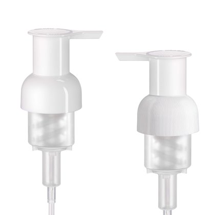 White pump dispensers with transparent base on a white background.