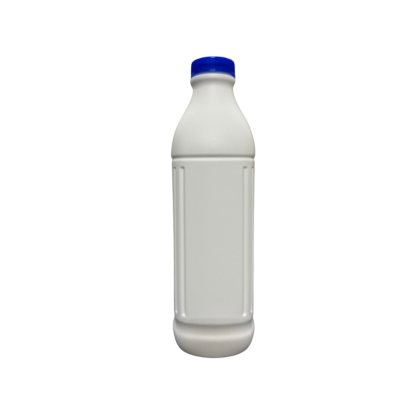 White plastic bottle with blue cap, vertical ridges, on white background.