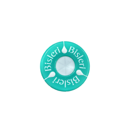 Teal plastic bottle cap with the word "Bisleri" and water droplet design.