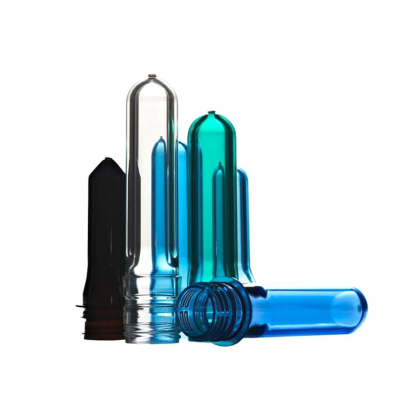 Colored PET preforms in black, clear, and blue, standing upright in a group.
