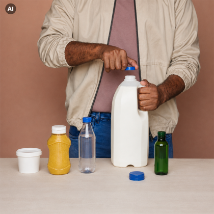 Man opening large white plastic bottle, surrounded by various colorful bottles and containers.