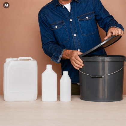 Man in denim shirt opens a gray plastic bucket next to three white containers.