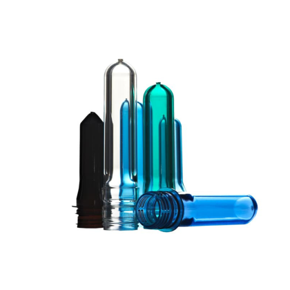 Colored plastic preforms in black, clear, teal, and blue.