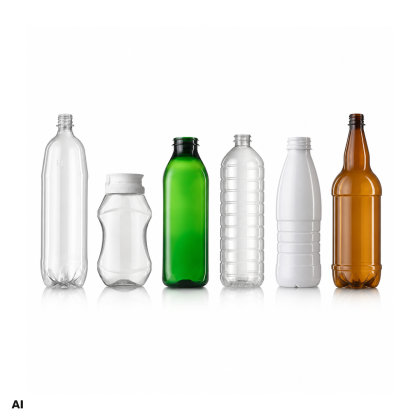 Clear and colored plastic bottles lined up, with varied shapes and sizes.