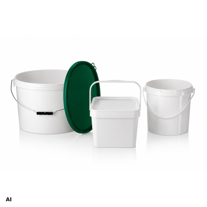 White plastic containers, one with green lid, varying shapes and sizes.