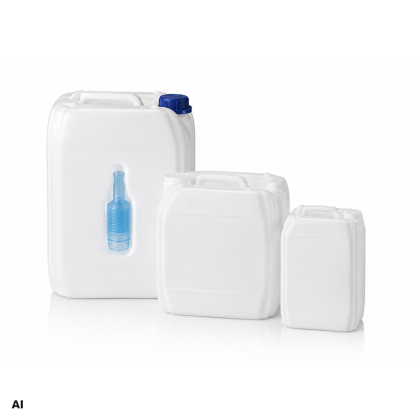 Three white plastic containers of varying sizes with a blue cap on the largest.