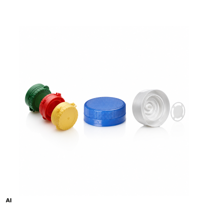 Colorful plastic bottle caps on a white background.