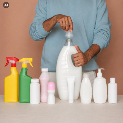 Man in blue sweater with various plastic bottles on a table.